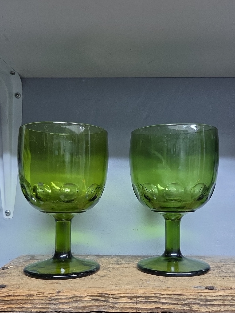 Mid-Century Modern Bartlett Collins Green Glass Coin Dot Chalices / Schooners